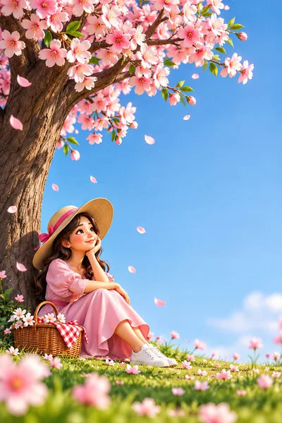 Young Woman Sitting Under A Blooming Cherry Blossom Tree