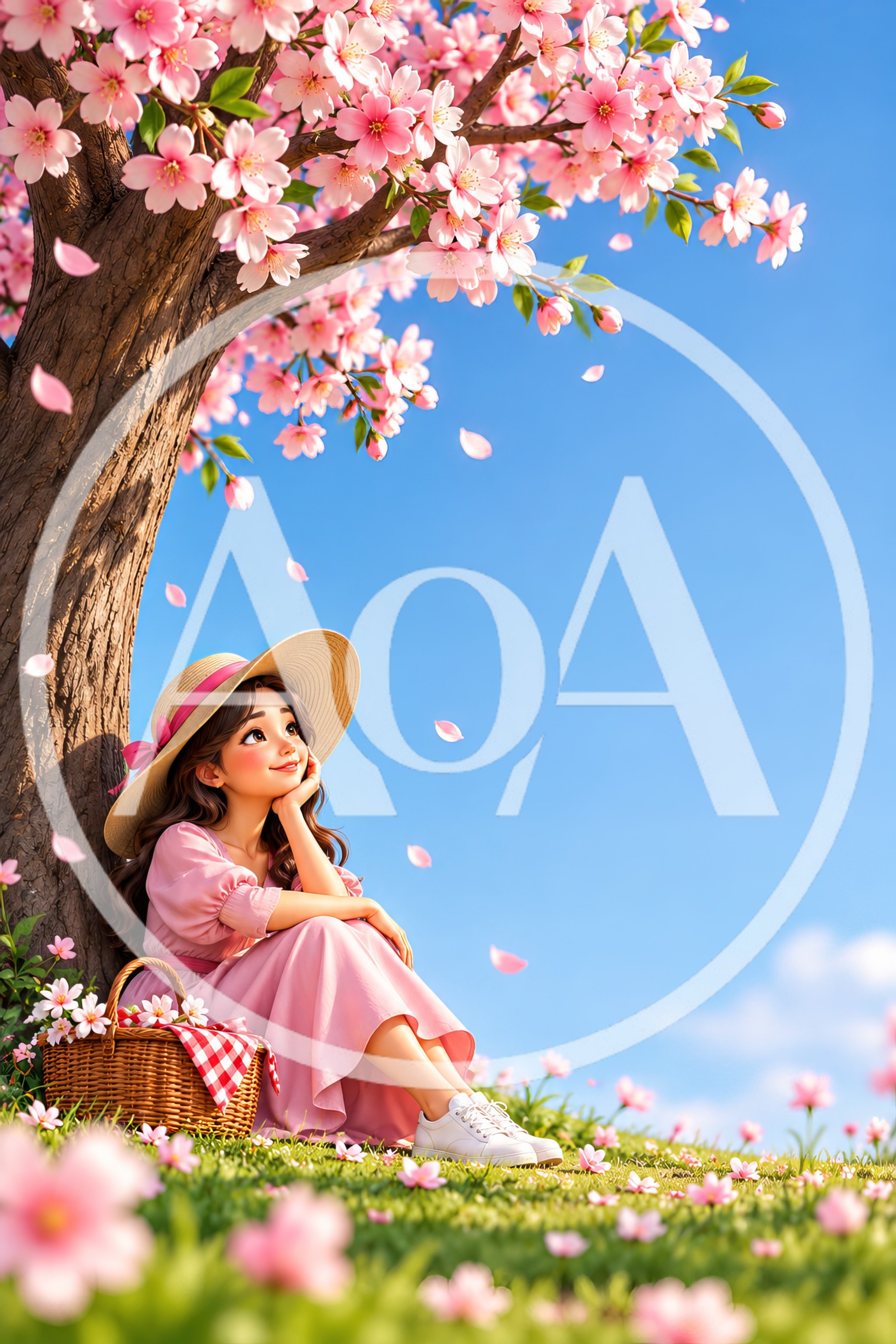 Young Woman Sitting Under A Blooming Cherry Blossom Tree