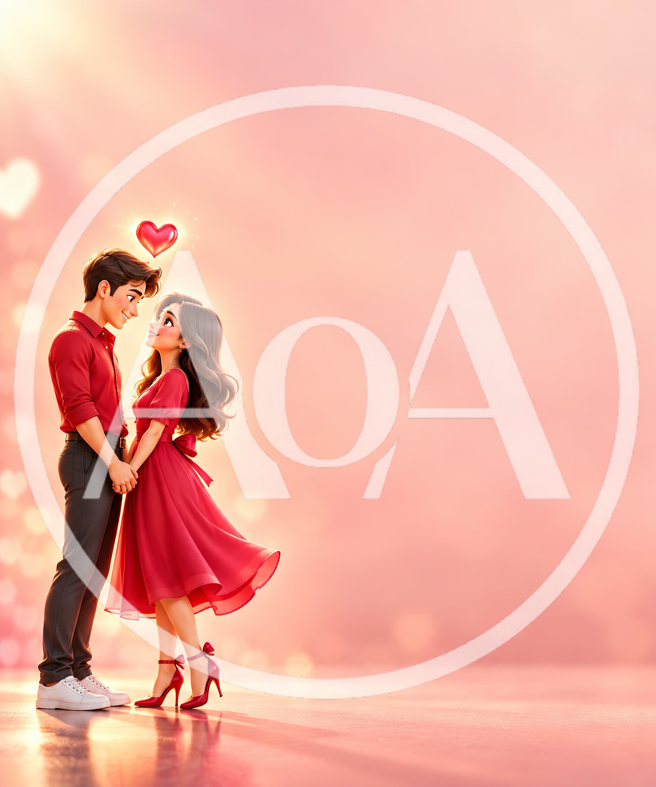 Romantic Couple Holding Hands In Red Outfits