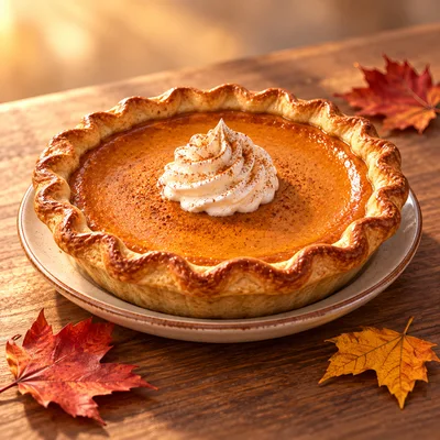 Pumpkin Pie With Whipped Cream On Wooden Table
