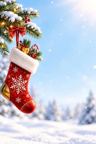 Christmas Stocking Hanging on Snowy Pine Branch