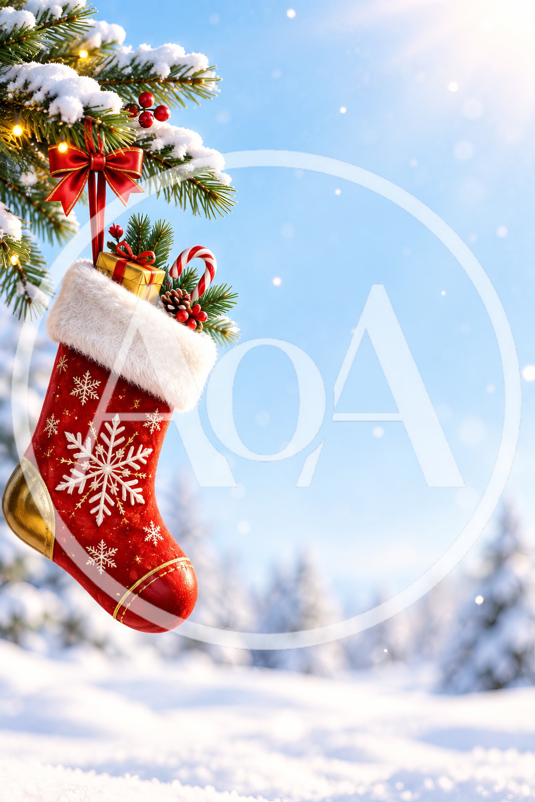 Christmas Stocking Hanging on Snowy Pine Branch