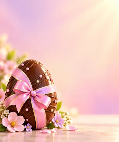 Chocolate Easter Egg Decorated With Pink Ribbon And Flowers