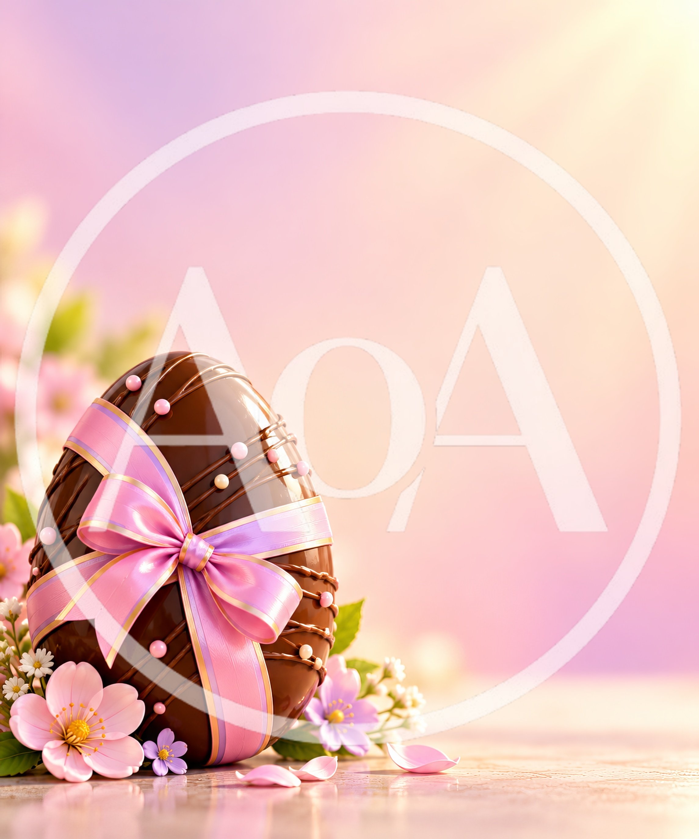 Chocolate Easter Egg Decorated With Pink Ribbon And Flowers