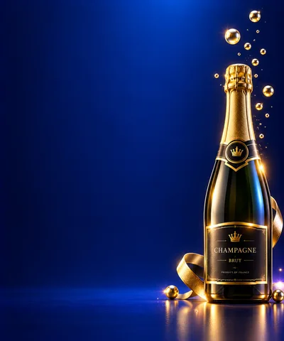 Champagne Bottle With Gold Ribbon On Blue Background