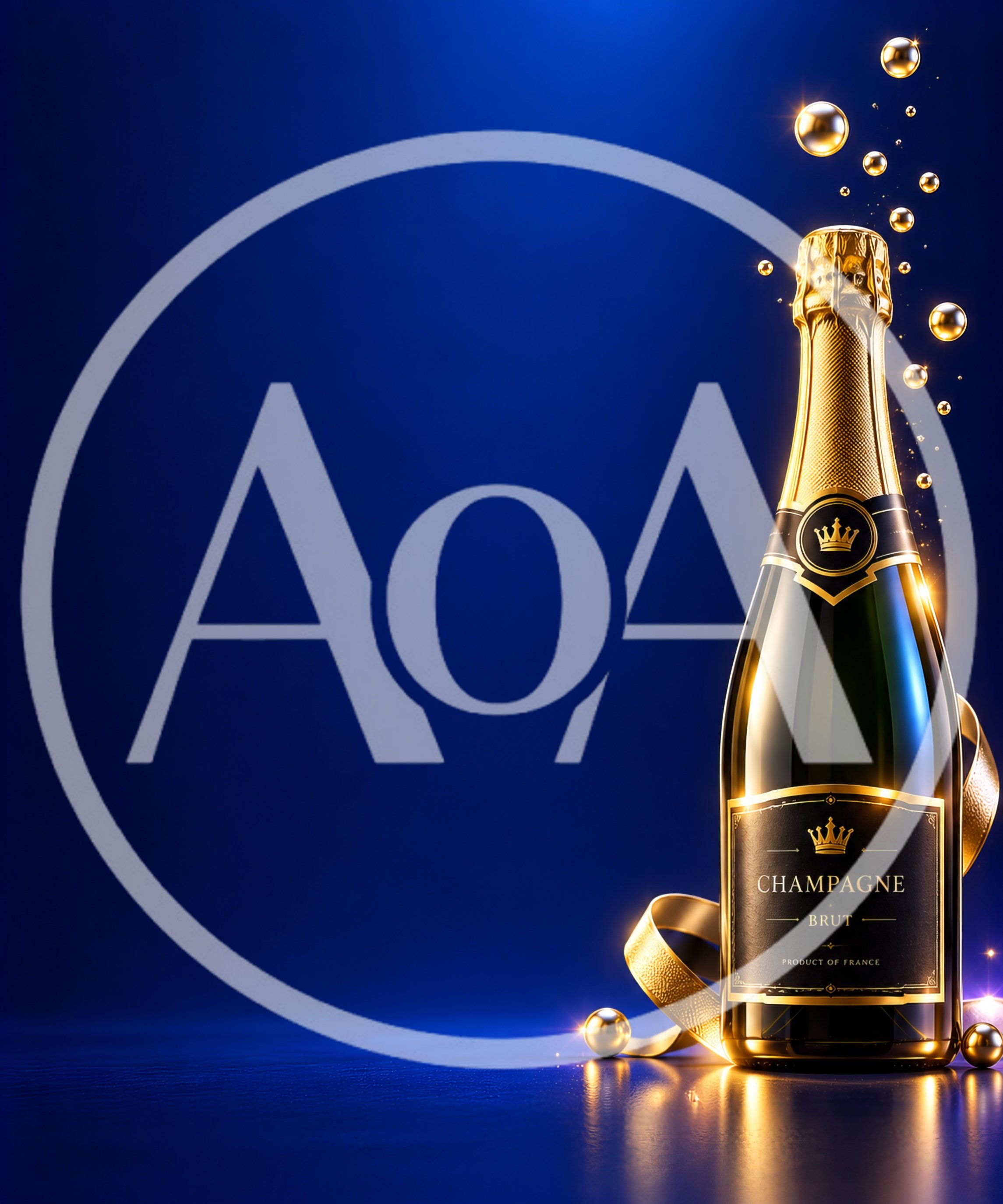 Champagne Bottle With Gold Ribbon On Blue Background