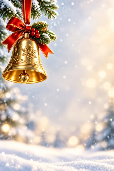 Golden Christmas Bell Hanging On Snowy Pine Branch