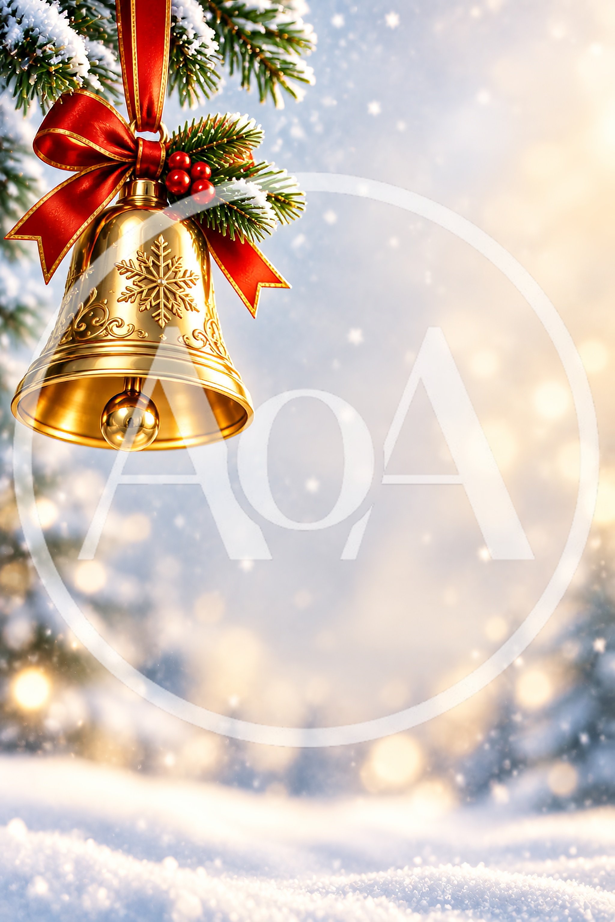 Golden Christmas Bell Hanging On Snowy Pine Branch