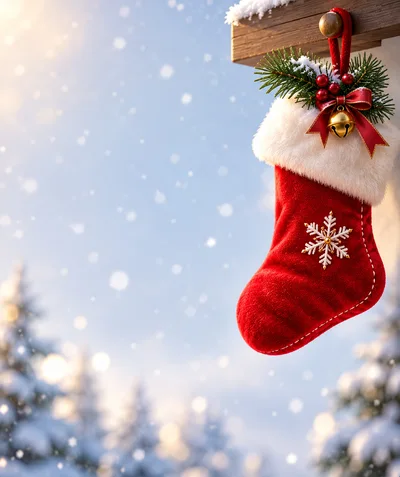 Red Christmas Stocking Hanging Outdoors In Winter
