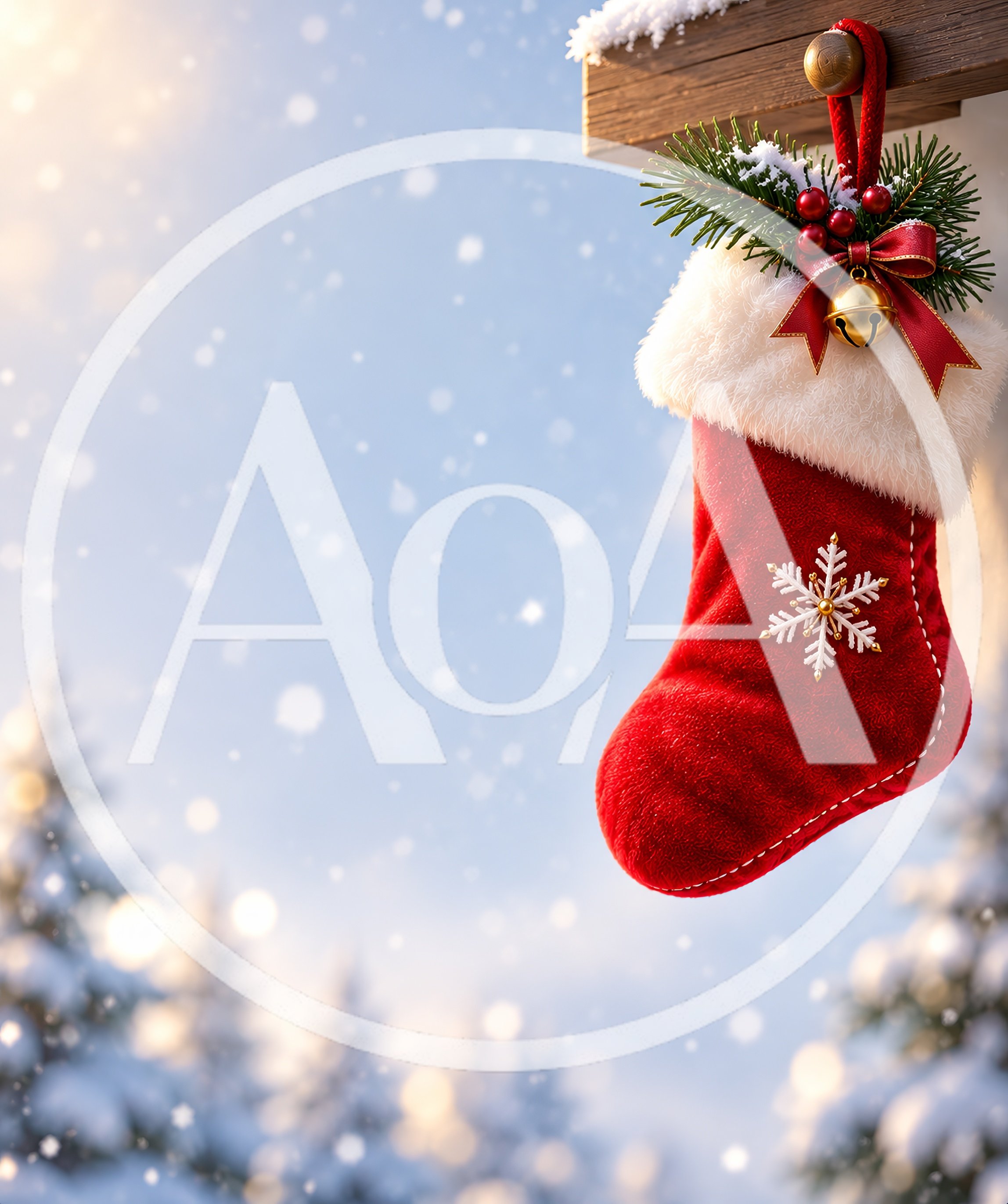 Red Christmas Stocking Hanging Outdoors In Winter