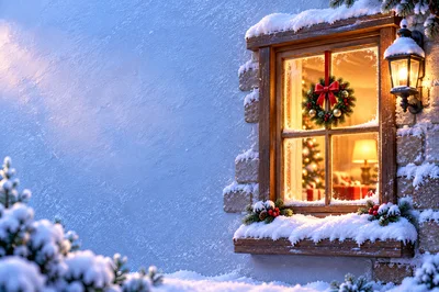 Cozy Christmas Window Decorated With Wreath And Lantern