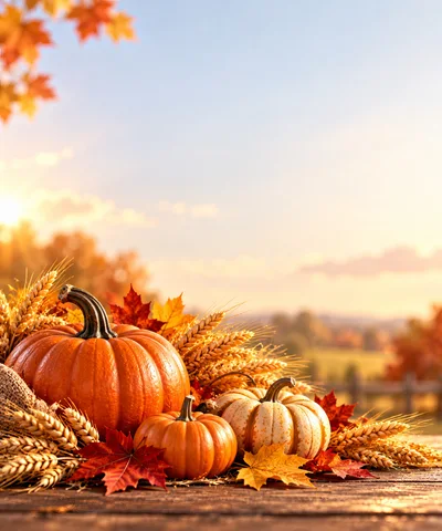 Autumn Harvest Pumpkins With Wheat And Maple Leaves