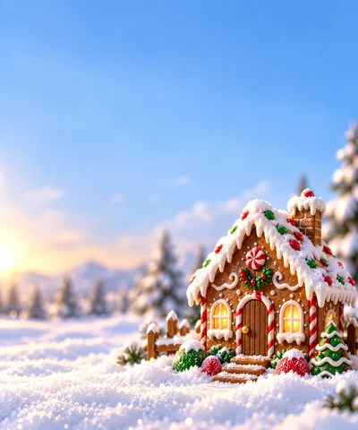 Festive Gingerbread House in Snowy Winter Landscape