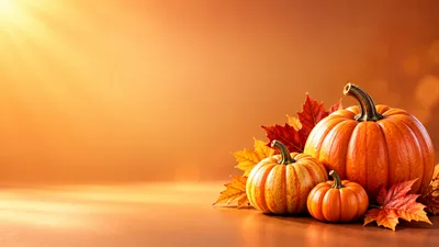 Autumn Pumpkins and Fall Leaves on Orange Background