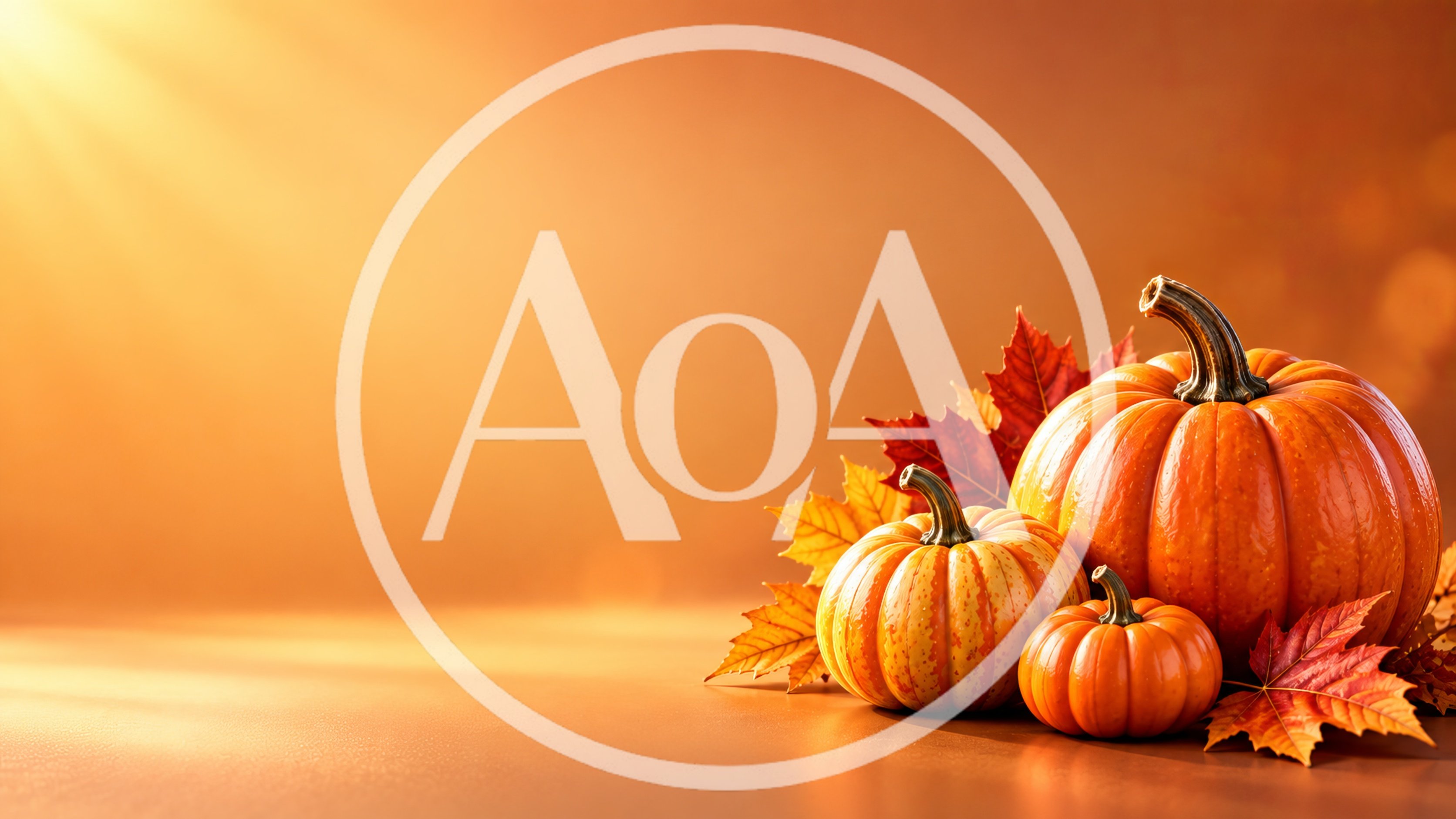 Autumn Pumpkins and Fall Leaves on Orange Background