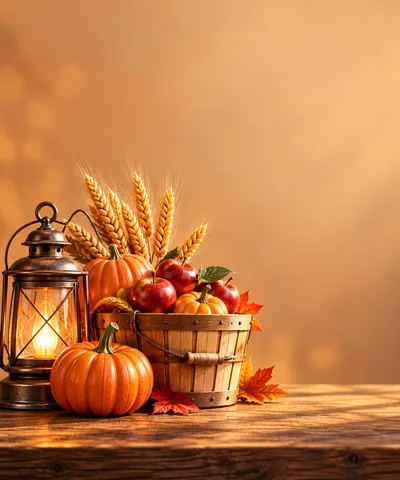 Autumn Harvest Still Life With Lantern And Pumpkins
