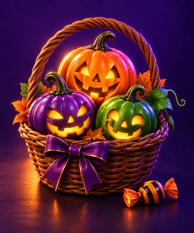 Halloween Jack O Lanterns in Wicker Basket