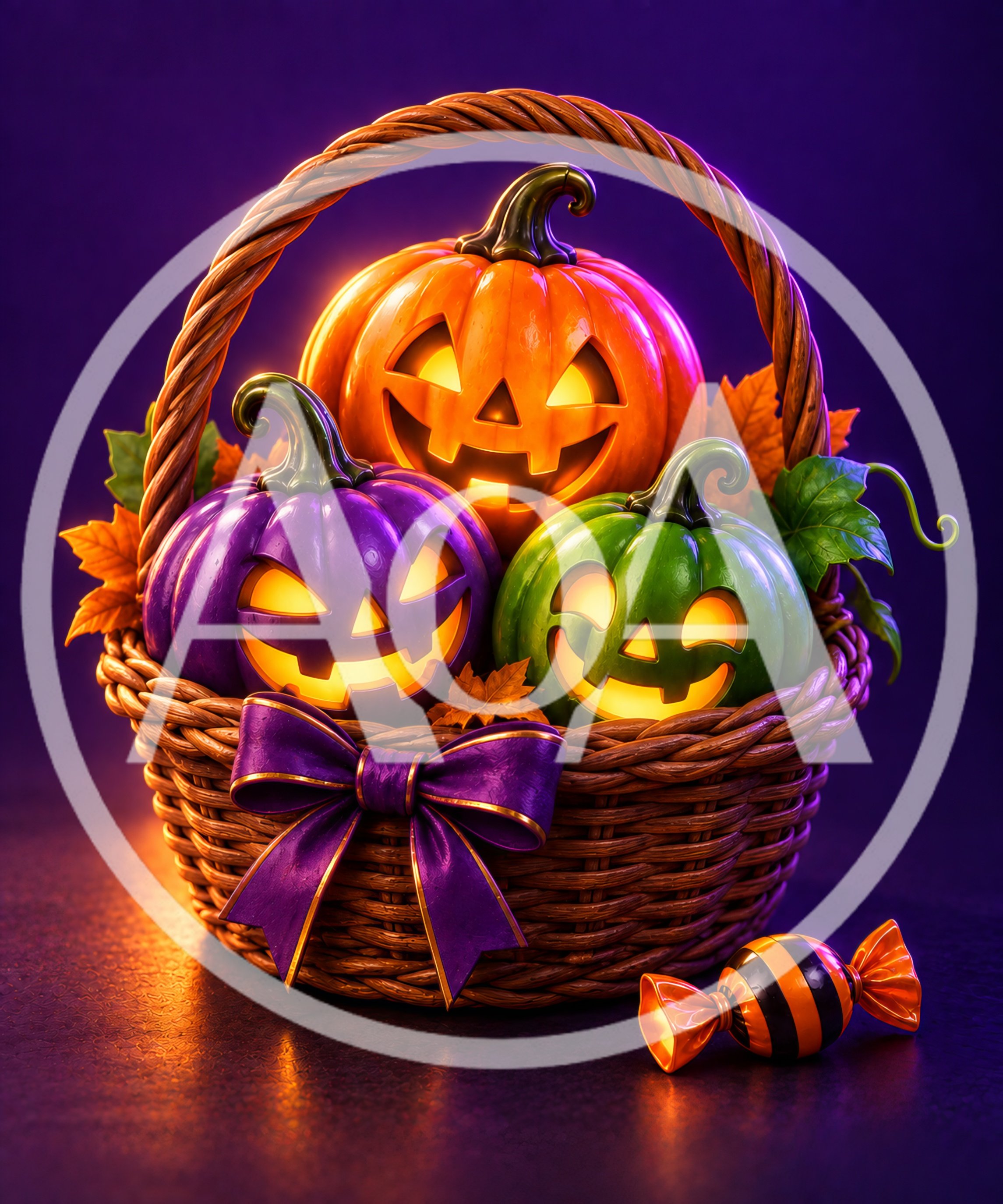 Halloween Jack O Lanterns in Wicker Basket