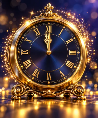 Golden Clock Striking Midnight With Magical Sparkles