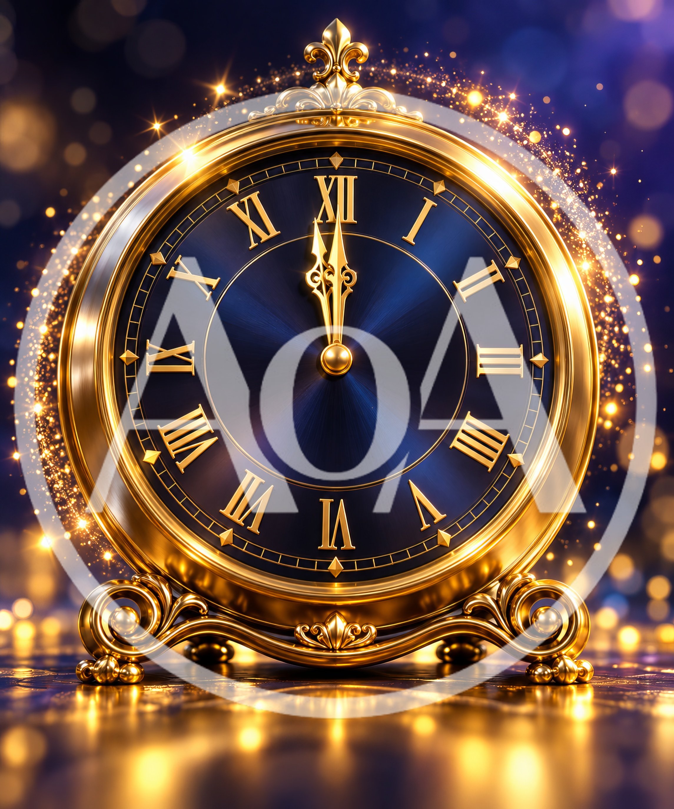 Golden Clock Striking Midnight With Magical Sparkles