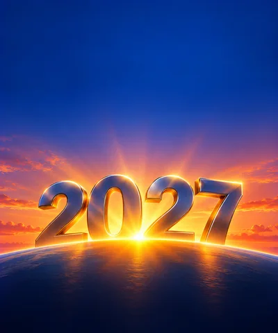 3D Metallic 2027 Text Over Glowing Sunrise Horizon