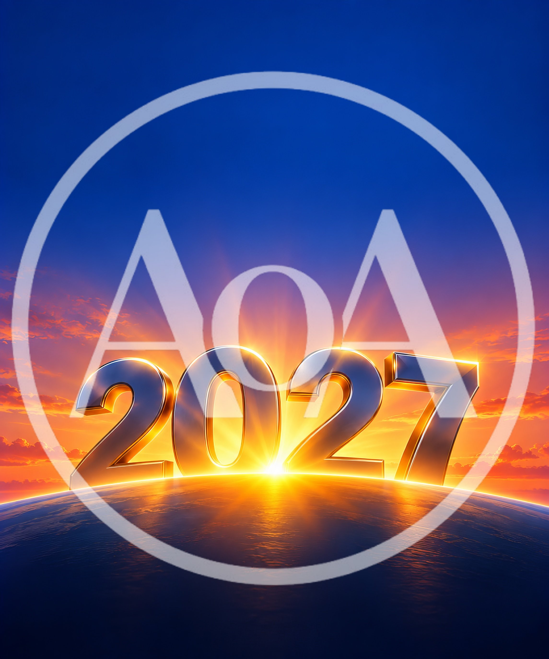 3D Metallic 2027 Text Over Glowing Sunrise Horizon