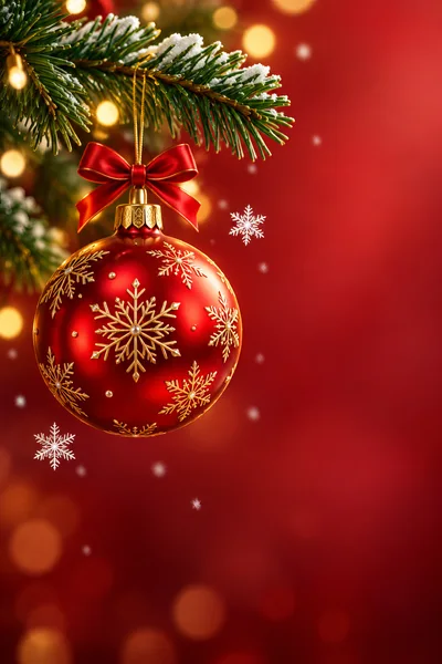 Red Christmas Ornament Hanging From Pine Branch