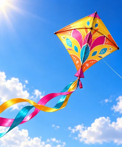 Colorful Diamond Kite Flying In Bright Blue Sky