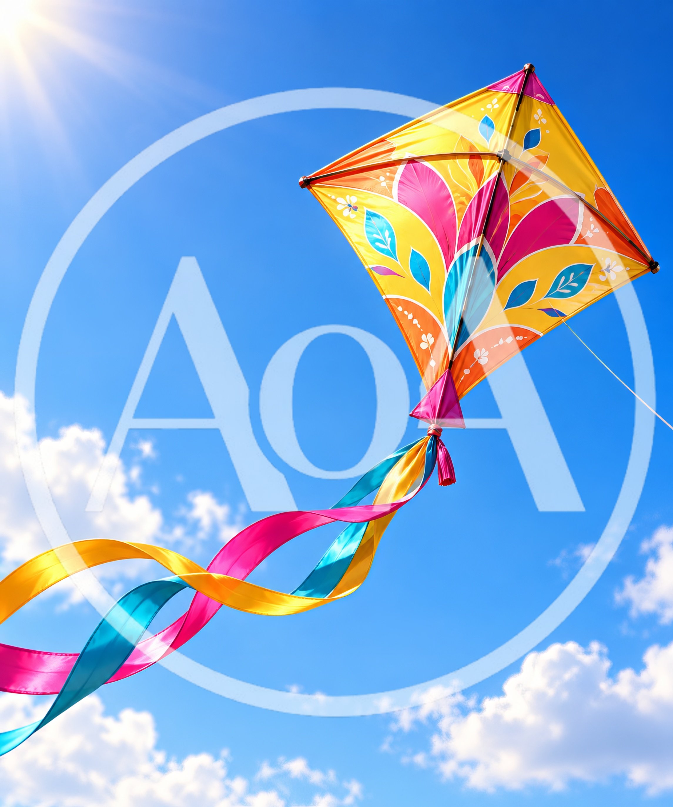 Colorful Diamond Kite Flying In Bright Blue Sky