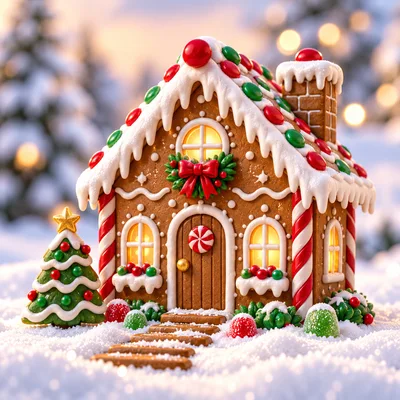 Festive Gingerbread House In Snowy Winter Landscape