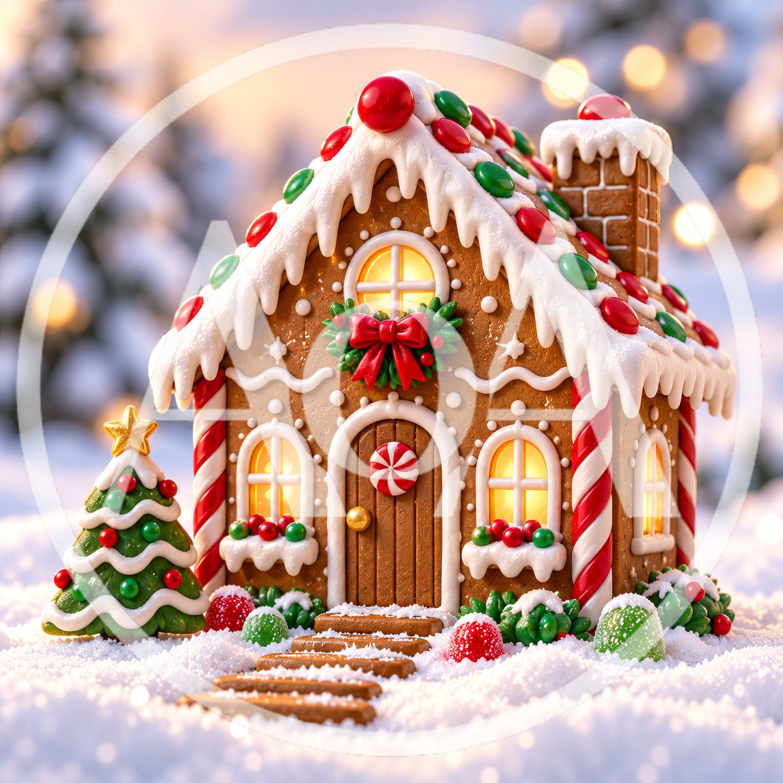 Festive Gingerbread House In Snowy Winter Landscape