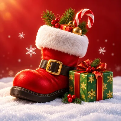 Santa Claus Boot With Christmas Gifts In Snow