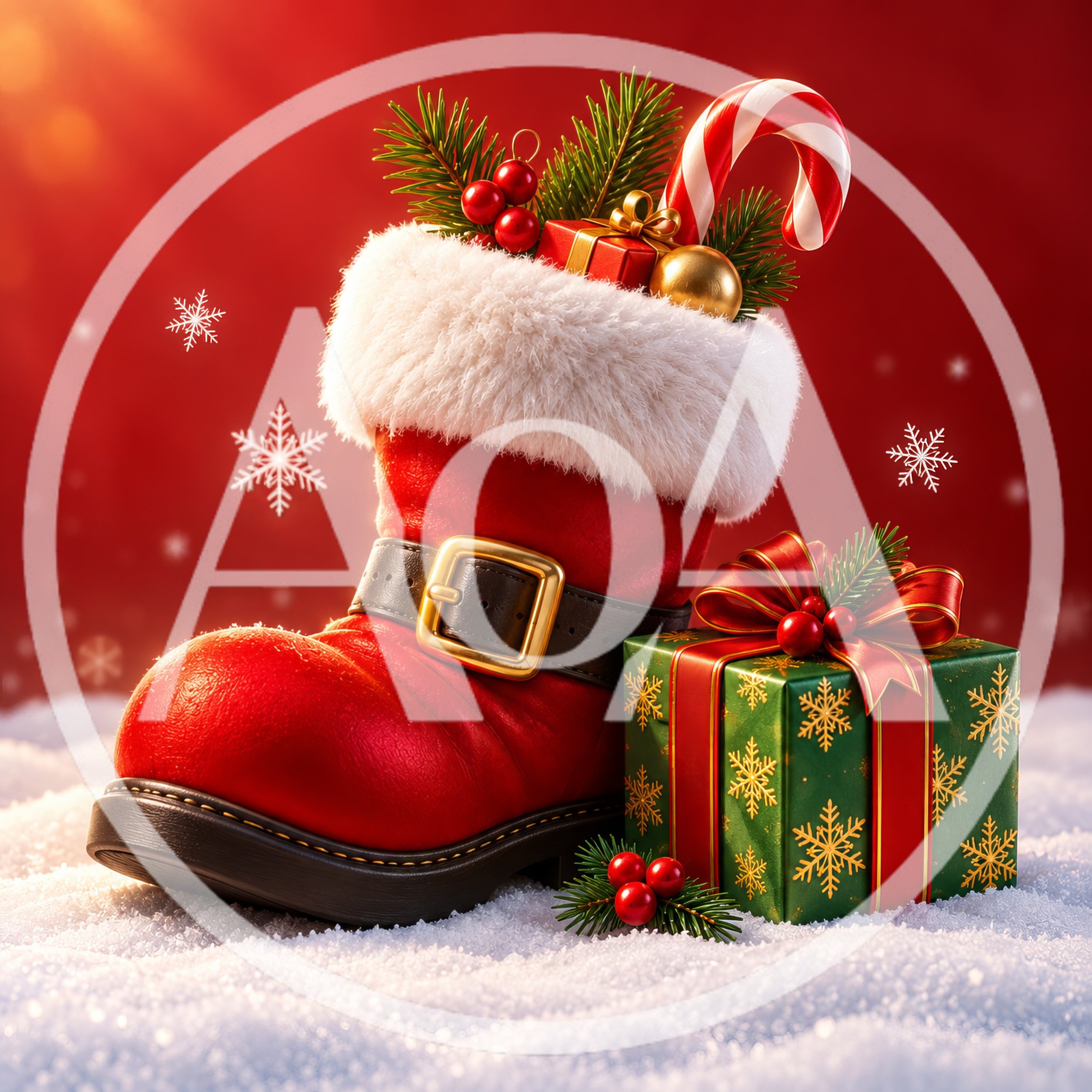 Santa Claus Boot With Christmas Gifts In Snow