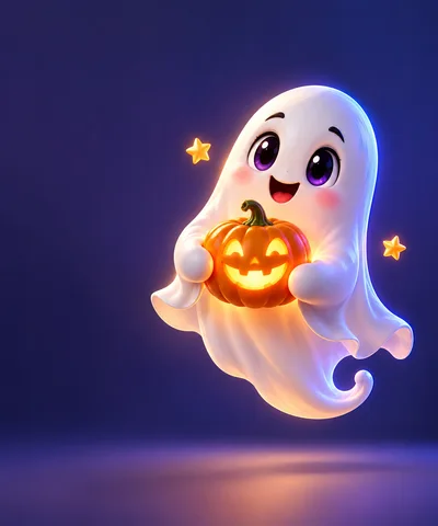Cute Cartoon Ghost Holding A Glowing Jack O Lantern