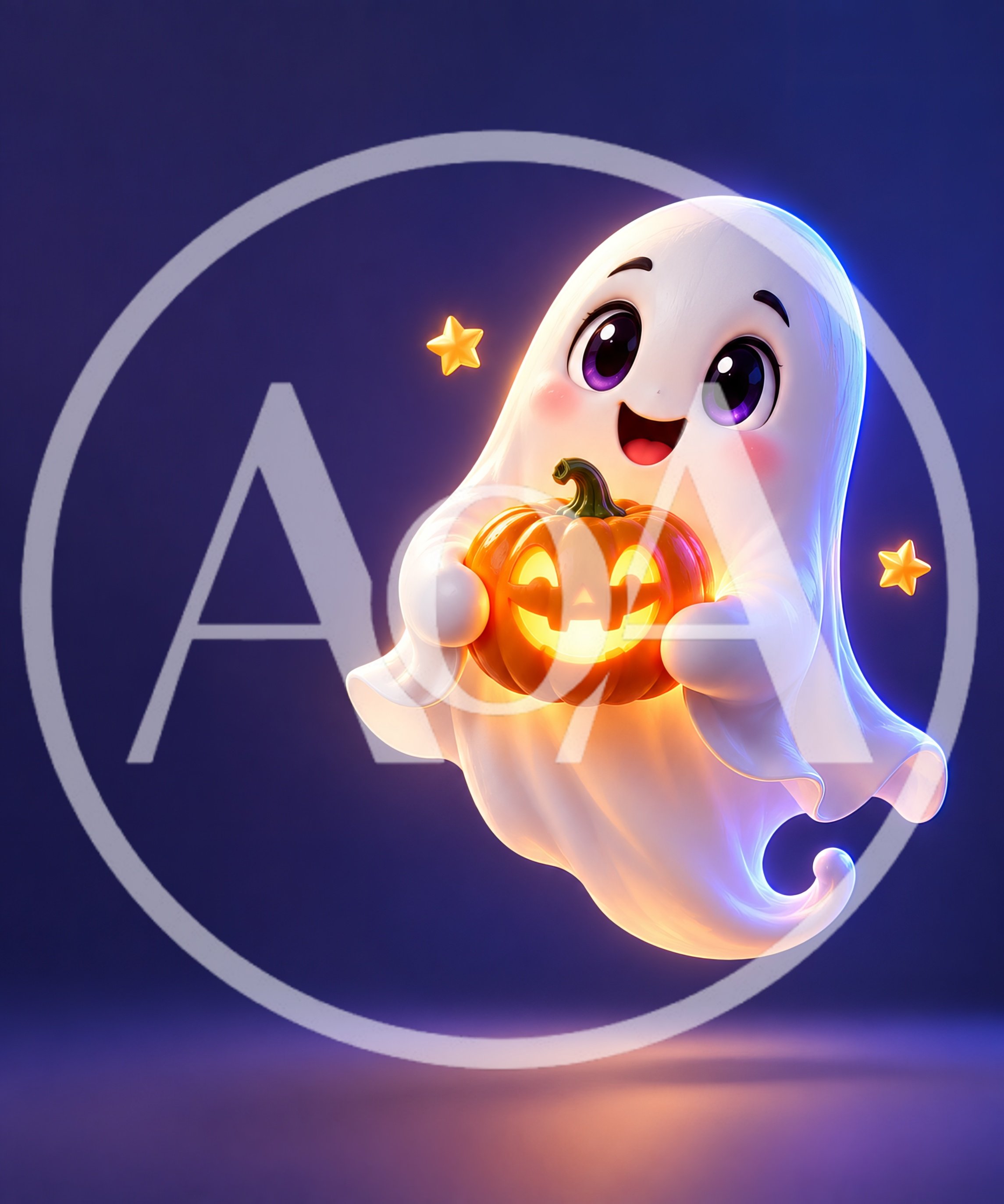 Cute Cartoon Ghost Holding A Glowing Jack O Lantern