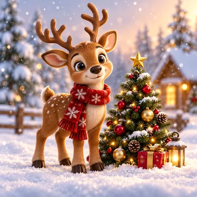 Cute Reindeer Standing Beside A Decorated Christmas Tree