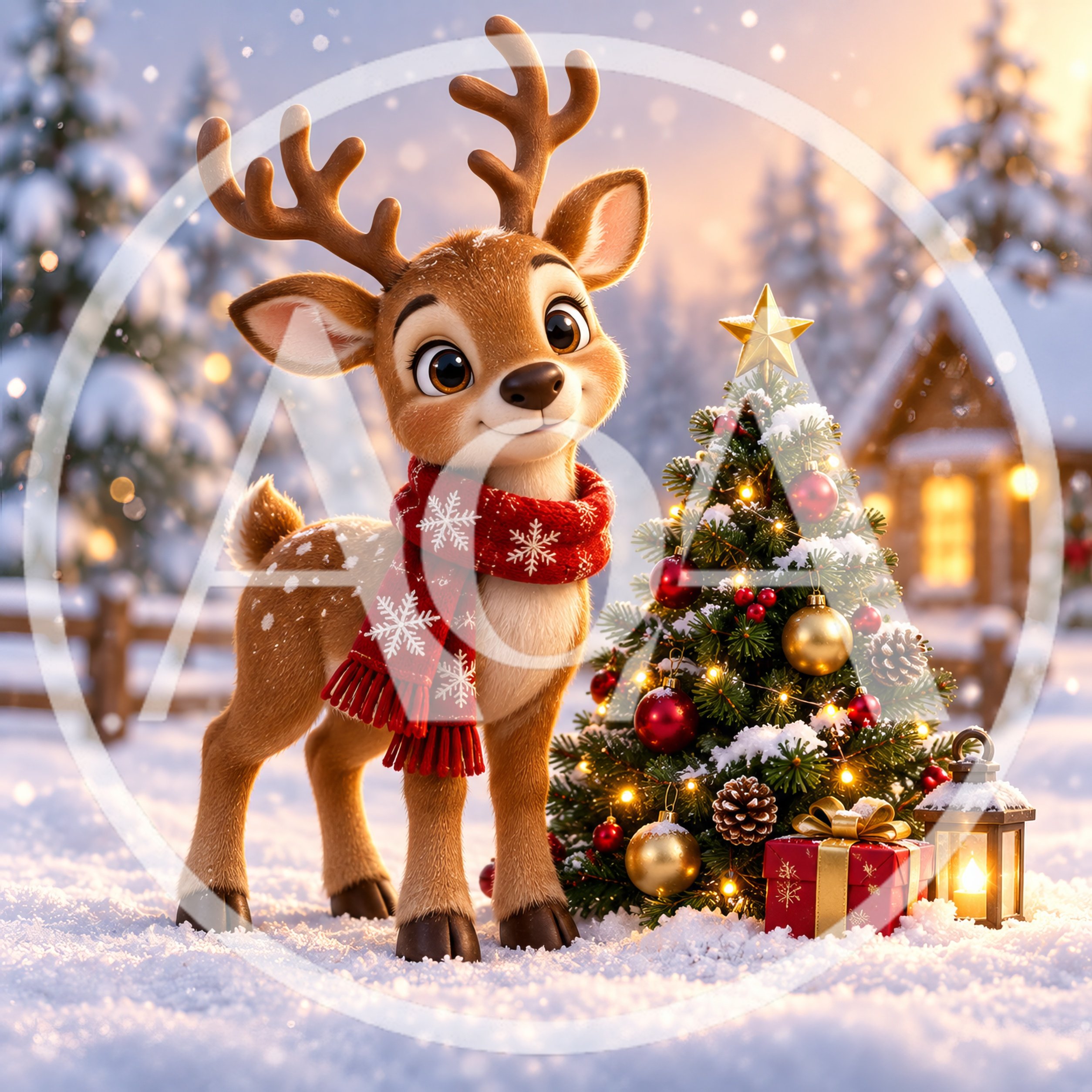 Cute Reindeer Standing Beside A Decorated Christmas Tree