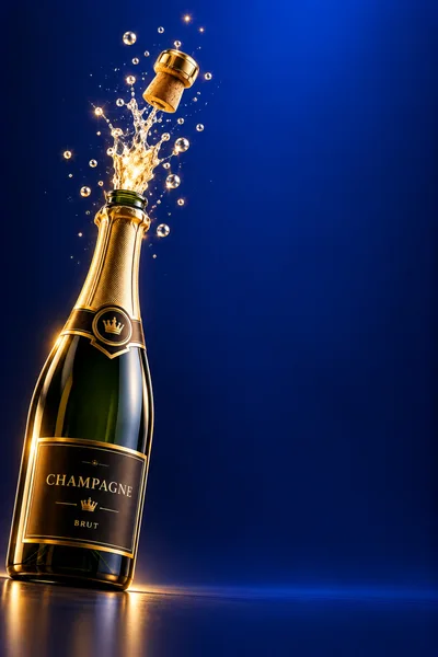 Champagne Bottle Popping Cork With Golden Bubbles