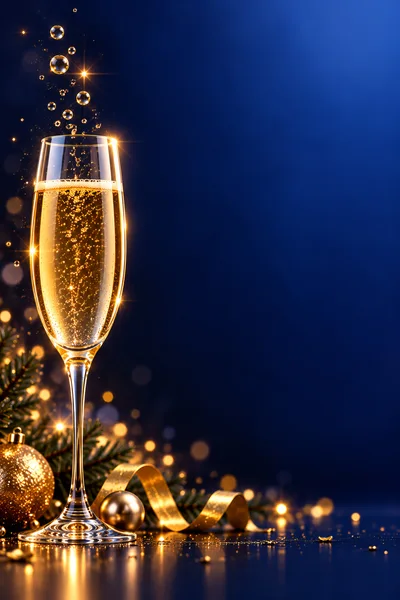 Champagne Flute With Bubbles And Christmas Decorations