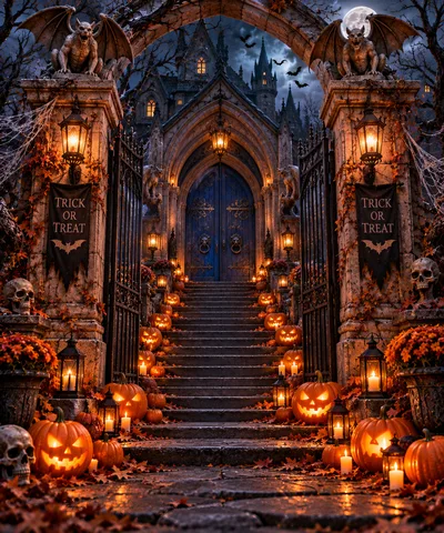 Spooky Halloween Mansion Entrance With Jack O Lanterns