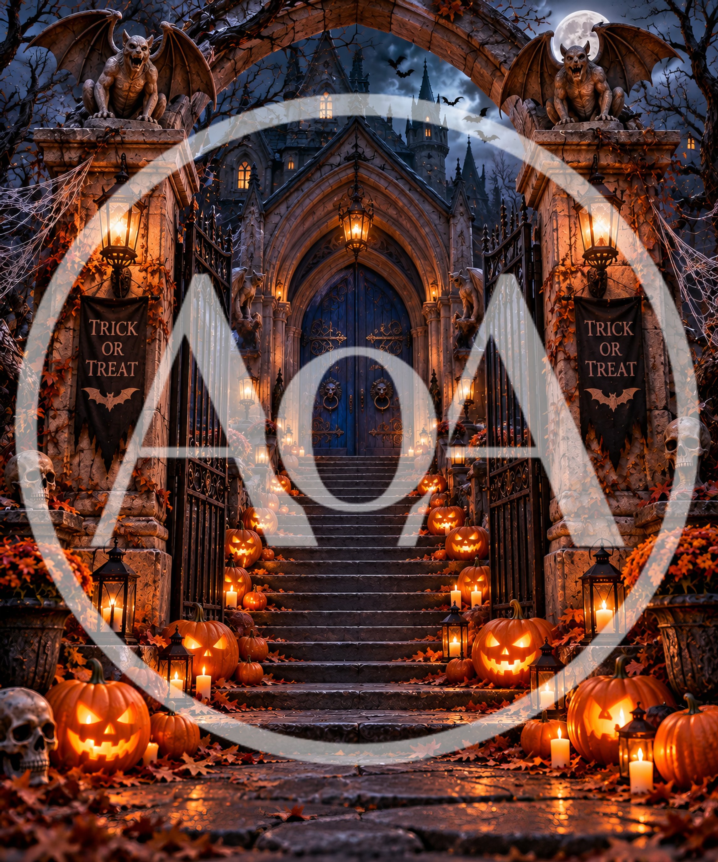 Spooky Halloween Mansion Entrance With Jack O Lanterns