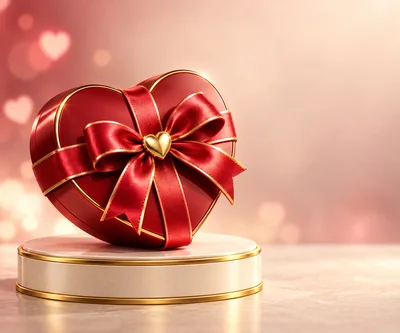 Red Heart Shaped Gift Box on Marble Pedestal
