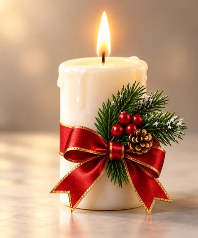 Lit Christmas Candle With Red Ribbon And Pine Decor