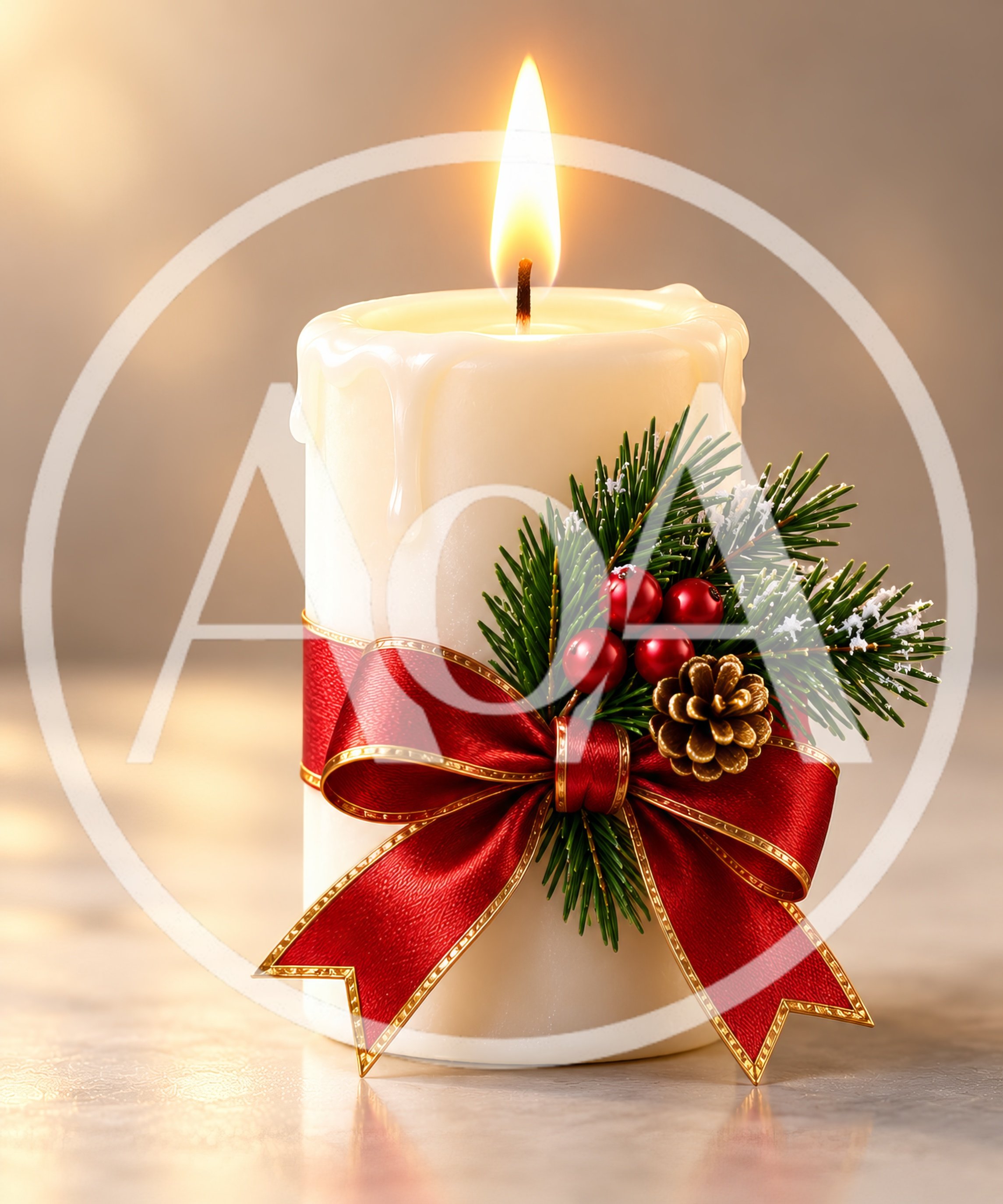Lit Christmas Candle With Red Ribbon And Pine Decor
