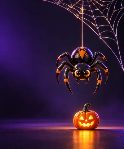 Cute Cartoon Spider Hanging Above A Glowing Jack O Lantern