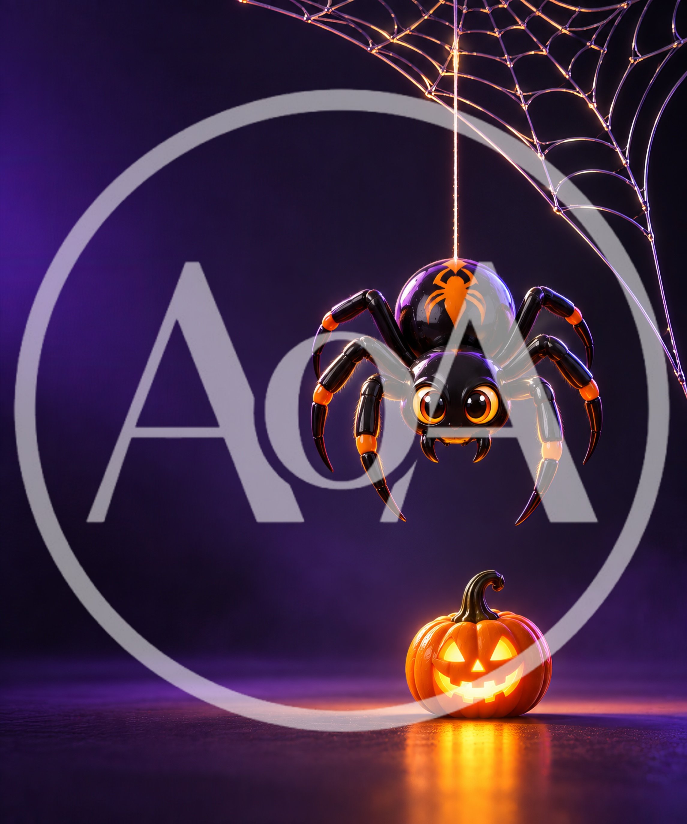Cute Cartoon Spider Hanging Above A Glowing Jack O Lantern