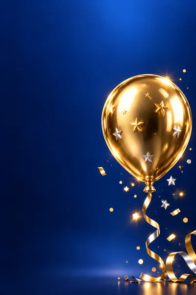 Golden Balloon With Stars On Blue Background