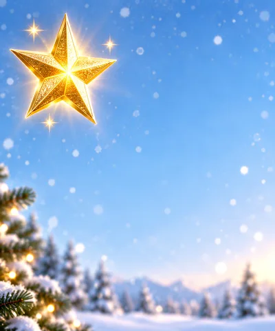 Golden Christmas Star Above Snowy Winter Landscape