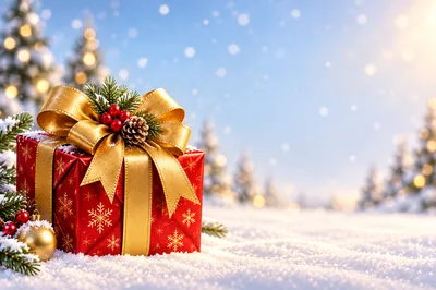 Red Christmas Gift Box With Gold Ribbon In Snow