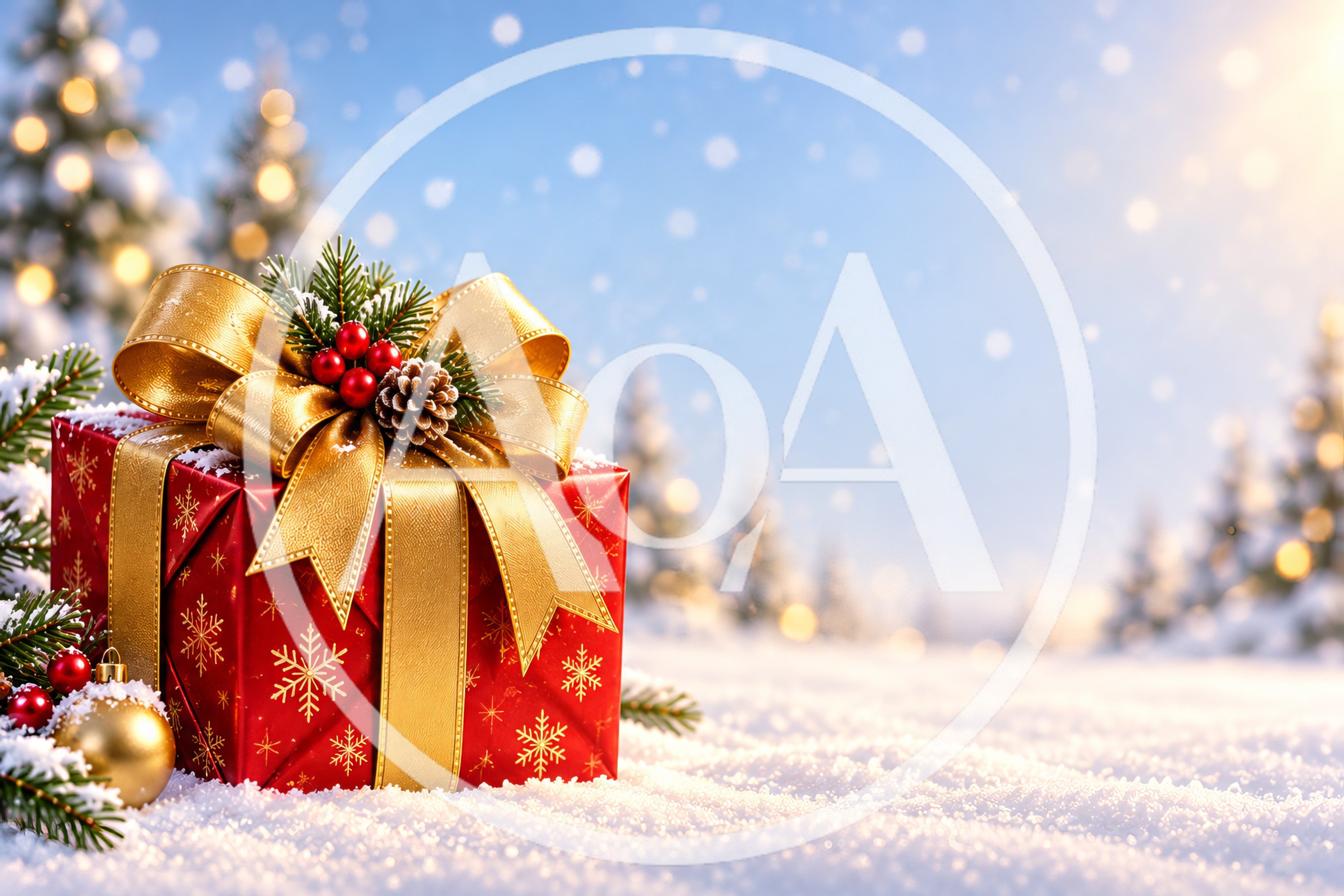 Red Christmas Gift Box With Gold Ribbon In Snow